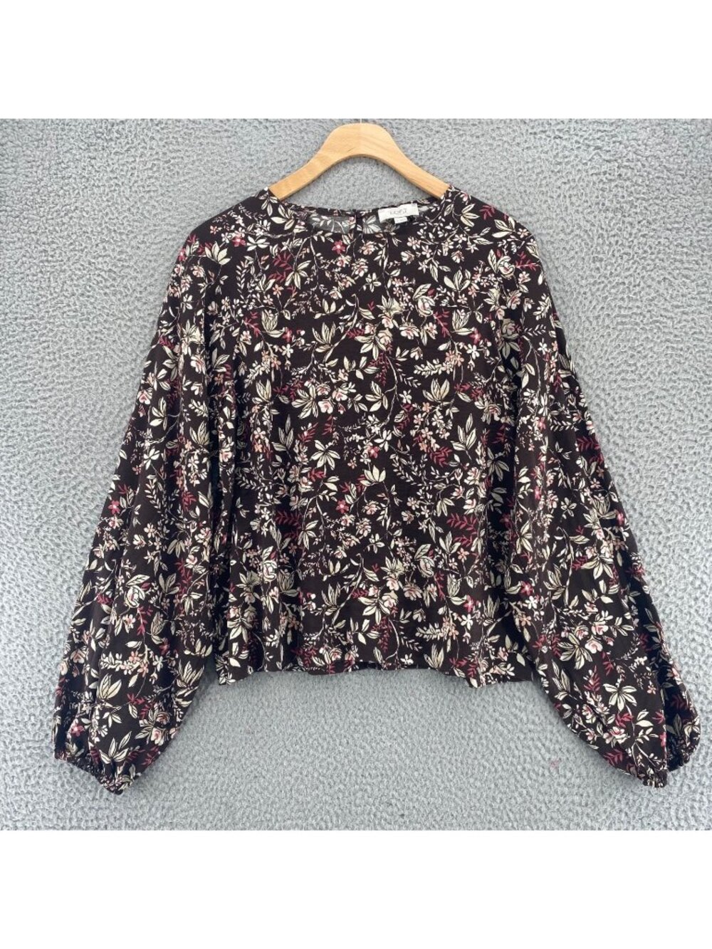 Ann Taylor LOFT Top Womens Medium Brown Pink Floral Blouse Long Balloon Sleeves